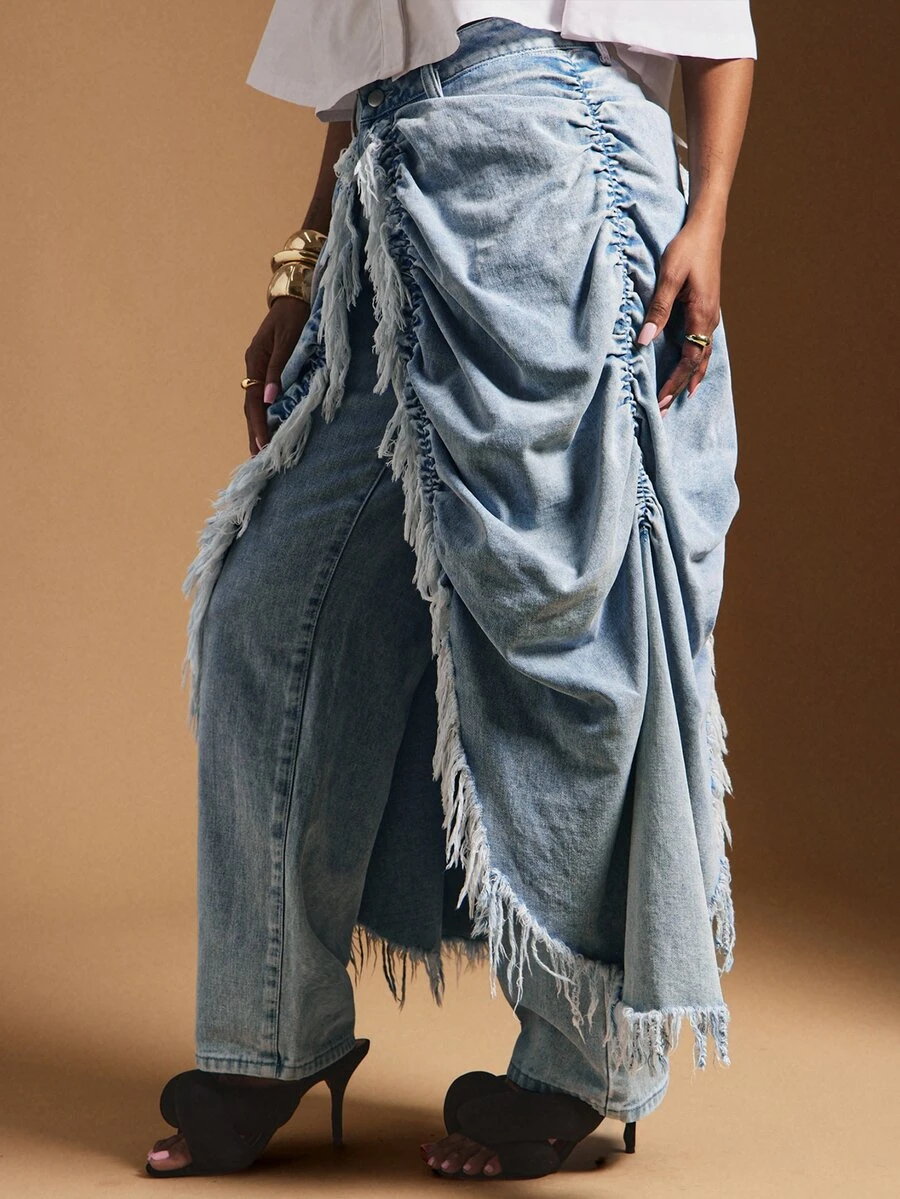 Vixey Raw Edge Skirt Overlay Straight Leg Jeans, Streetwear Rockstar Concert Light Blue Summer - Light Wash - View 1