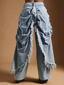 Vixey Raw Edge Skirt Overlay Straight Leg Jeans, Streetwear Rockstar Concert Light Blue Summer - Light Wash - View 5