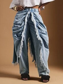 Vixey Raw Edge Skirt Overlay Straight Leg Jeans, Streetwear Rockstar Concert Light Blue Summer - Light Wash - View 2