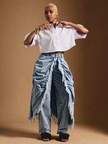 Vixey Raw Edge Skirt Overlay Straight Leg Jeans, Streetwear Rockstar Concert Light Blue Summer - Light Wash - View 3