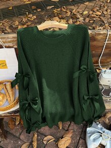 Firerie 大码宽松针织毛衣，镂空蝴蝶结装饰，大码可爱秋季套头衫，米绿色毛衣蝴蝶结毛衣/冬季 - 墨綠色 - 查看 4