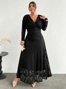 Firerie Große Größen elegantes Spitzen-Patchwork Langarm Plissee Kleid Herbst Hochzeit Abend Formal Nacht Schwarz - Schwarz - Übersicht 8