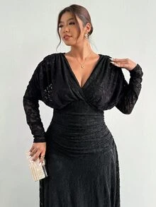 Firerie Große Größen elegantes Spitzen-Patchwork Langarm Plissee Kleid Herbst Hochzeit Abend Formal Nacht Schwarz - Schwarz - Übersicht 5