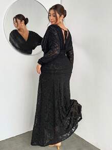Firerie Große Größen elegantes Spitzen-Patchwork Langarm Plissee Kleid Herbst Hochzeit Abend Formal Nacht Schwarz - Schwarz - Übersicht 4