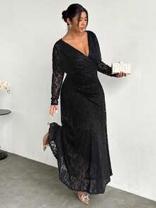 Firerie Große Größen elegantes Spitzen-Patchwork Langarm Plissee Kleid Herbst Hochzeit Abend Formal Nacht Schwarz - Schwarz - Übersicht 3