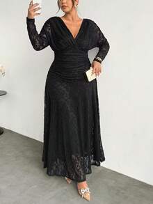 Firerie Große Größen elegantes Spitzen-Patchwork Langarm Plissee Kleid Herbst Hochzeit Abend Formal Nacht Schwarz - Schwarz - Übersicht 7
