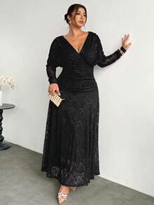 Firerie Große Größen elegantes Spitzen-Patchwork Langarm Plissee Kleid Herbst Hochzeit Abend Formal Nacht Schwarz - Schwarz - Übersicht 6