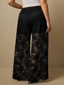 Freevana Plus Size Women Sexy Black Floral Lace Sheer See Through High Waisted Wide Leg Loose Pants Trousers Fall - Black - View 2