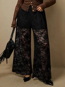 Freevana Plus Size Women Sexy Black Floral Lace Sheer See Through High Waisted Wide Leg Loose Pants Trousers Fall - Black - View 1