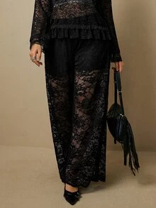 Freevana Plus Size Women Sexy Black Floral Lace Sheer See Through High Waisted Wide Leg Loose Pants Trousers Fall - Black - View 4