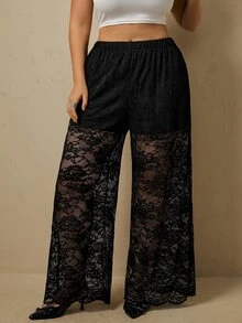 Freevana Plus Size Women Sexy Black Floral Lace Sheer See Through High Waisted Wide Leg Loose Pants Trousers Fall - Black - View 5