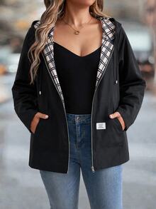 SHEIN Clasi جاكيت كاجوال بغطاء رأس مقاس كبير للخريف - الأسود - مشاهدة 2