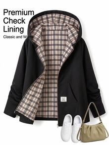 SHEIN Clasi جاكيت كاجوال بغطاء رأس مقاس كبير للخريف - الأسود - مشاهدة 1