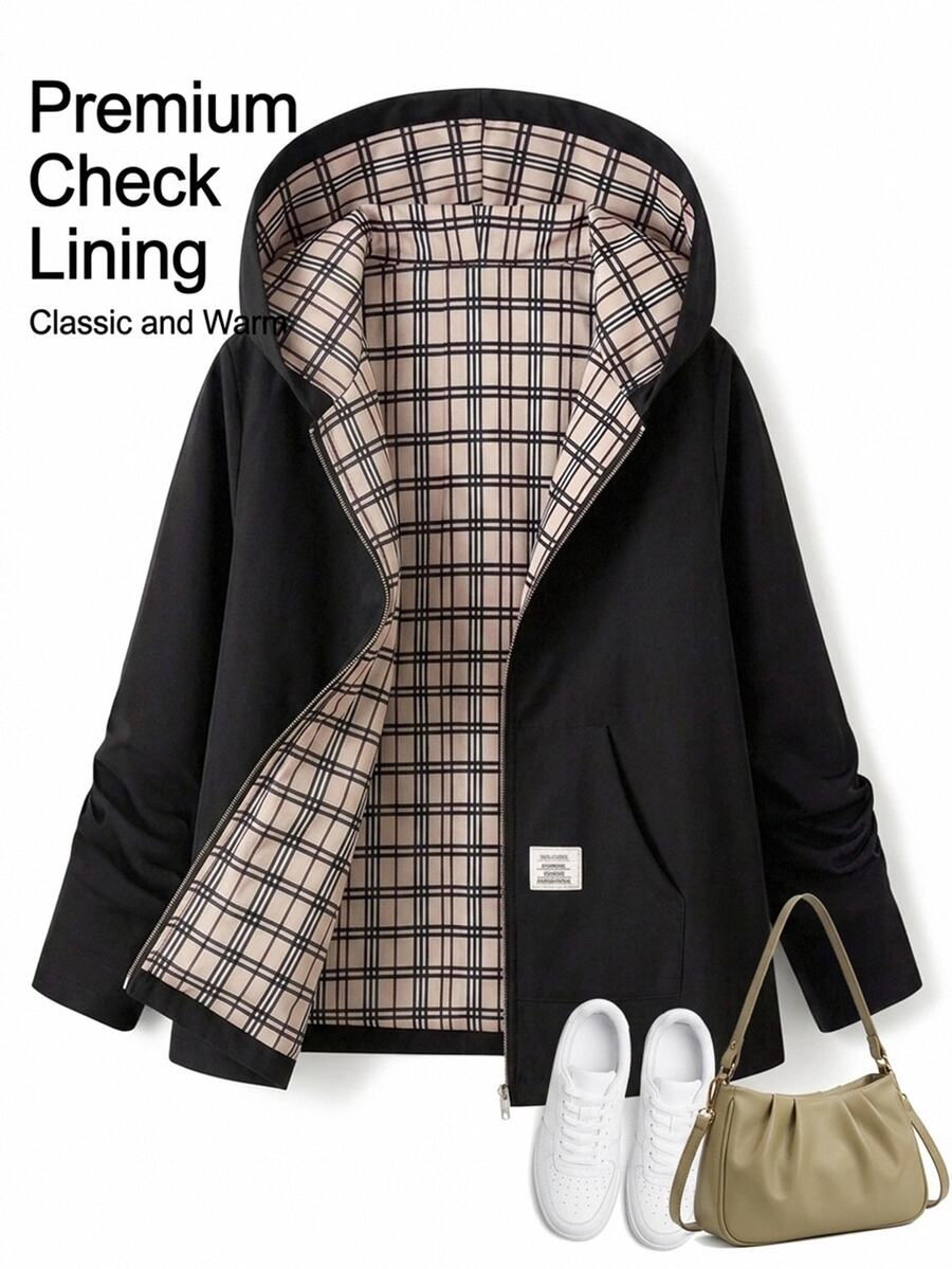 SHEIN Clasi جاكيت كاجوال بغطاء رأس مقاس كبير للخريف - الأسود - مشاهدة 1