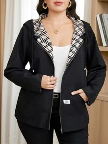 SHEIN Clasi جاكيت كاجوال بغطاء رأس مقاس كبير للخريف - الأسود - مشاهدة 7