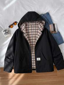 SHEIN Clasi جاكيت كاجوال بغطاء رأس مقاس كبير للخريف - الأسود - مشاهدة 11