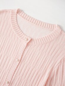 SHEIN Clasi 大尺碼女款素色休閒百搭日常穿著針織開襟外套 冬季 - 淺粉色 - 查看 7