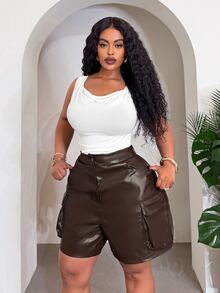 Slaydiva Women Plus Size Cargo Pocket Shorts,Chocolate Brown,Autumn,Night,Rave,Music Festival,Western,Streetwear,Party & Holiday,Daily Casual Basic Versatile - Brown - View 11