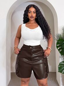 Slaydiva Women Plus Size Cargo Pocket Shorts,Chocolate Brown,Autumn,Night,Rave,Music Festival,Western,Streetwear,Party & Holiday,Daily Casual Basic Versatile - Brown - View 9