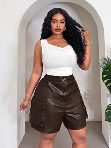 Slaydiva Women Plus Size Cargo Pocket Shorts,Chocolate Brown,Autumn,Night,Rave,Music Festival,Western,Streetwear,Party & Holiday,Daily Casual Basic Versatile - Brown - View 10