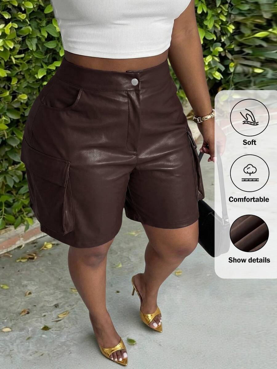 Slaydiva Women Plus Size Cargo Pocket Shorts,Chocolate Brown,Autumn,Night,Rave,Music Festival,Western,Streetwear,Party & Holiday,Daily Casual Basic Versatile - Brown - View 1