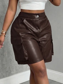 Slaydiva Women Plus Size Cargo Pocket Shorts,Chocolate Brown,Autumn,Night,Rave,Music Festival,Western,Streetwear,Party & Holiday,Daily Casual Basic Versatile - Brown - View 13