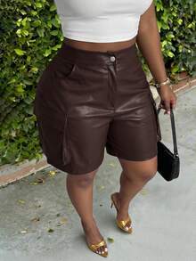 Slaydiva Women Plus Size Cargo Pocket Shorts,Chocolate Brown,Autumn,Night,Rave,Music Festival,Western,Streetwear,Party & Holiday,Daily Casual Basic Versatile - Brown - View 14