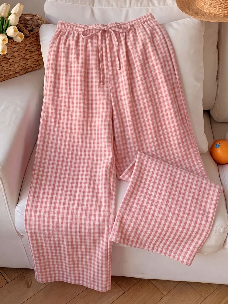 Comfortcana Women's Summer Vacation Pink Plaid Long Pants - Pink - View 3