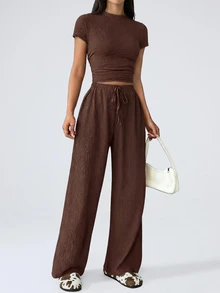 SHEIN EZwear 2pcs Women Casual Solid Color Short Sleeve Top And Pants Set, Spring & Summer - Coffee Brown - View 5