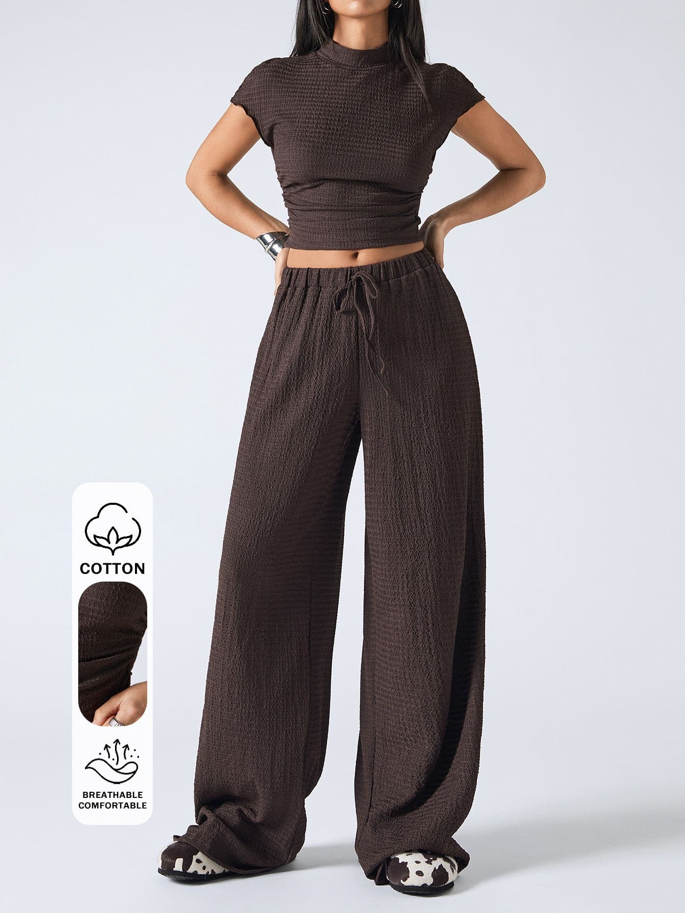 SHEIN EZwear 2pcs Women Casual Solid Color Short Sleeve Top And Pants Set, Spring & Summer