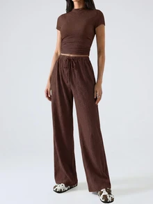 SHEIN EZwear 2pcs Women Casual Solid Color Short Sleeve Top And Pants Set, Spring & Summer - Coffee Brown - View 7