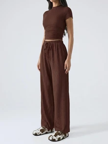 SHEIN EZwear 2pcs Women Casual Solid Color Short Sleeve Top And Pants Set, Spring & Summer - Coffee Brown - View 4