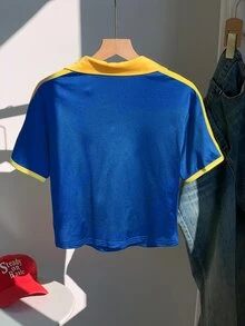 Comfortcana 女士复古撞色印花 Polo 领修身 T 恤，巴西风短款针织衫，巴西短衬衫 - 彩色 - 查看 2