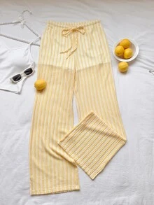 SHEIN Tall CURVE 大尺碼女款黃色對比條紋提花吊帶褲，適合冬季、復活節、派對、海灘、婚禮，優雅休閒 Y2K 夏日風 - 黃色 - 查看 7