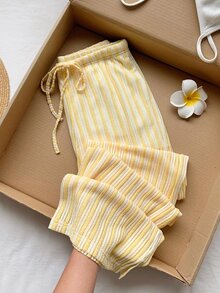 SHEIN Tall CURVE 大尺碼女款黃色對比條紋提花吊帶褲，適合冬季、復活節、派對、海灘、婚禮，優雅休閒 Y2K 夏日風 - 黃色 - 查看 1