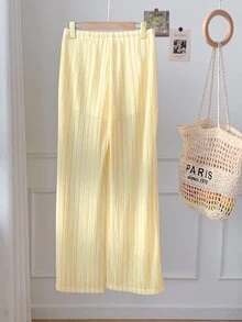 SHEIN Tall CURVE 大尺碼女款黃色對比條紋提花吊帶褲，適合冬季、復活節、派對、海灘、婚禮，優雅休閒 Y2K 夏日風 - 黃色 - 查看 2