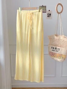 SHEIN Tall CURVE 大尺碼女款黃色對比條紋提花吊帶褲，適合冬季、復活節、派對、海灘、婚禮，優雅休閒 Y2K 夏日風 - 黃色 - 查看 6