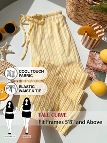 SHEIN Tall CURVE 大尺碼女款黃色對比條紋提花吊帶褲，適合冬季、復活節、派對、海灘、婚禮，優雅休閒 Y2K 夏日風 - 黃色 - 查看 4