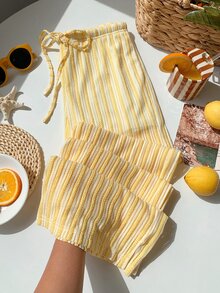 SHEIN Tall CURVE 大尺碼女款黃色對比條紋提花吊帶褲，適合冬季、復活節、派對、海灘、婚禮，優雅休閒 Y2K 夏日風 - 黃色 - 查看 3