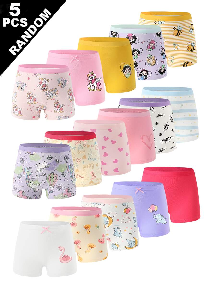 [5 piezas Enviadas al azar]Ropa interior multicolor con estampado de dibujos animados de poni, conejo y elefante para niña - Multicolor - Ver 1