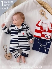 SHEIN Vintaside Kids 3件隨機發送 1件春夏秋冬新生兒居家連身睡衣，時尚可愛藍白條紋、紅白條紋、皇家藍長袖長連身衣，趣味卡通騎士刺繡圖案口袋刺繡，柔軟舒適面料，新生兒最佳禮物 - 彩色 - 查看 3