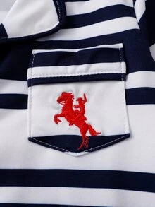 SHEIN Vintaside Kids 3件隨機發送 1件春夏秋冬新生兒居家連身睡衣，時尚可愛藍白條紋、紅白條紋、皇家藍長袖長連身衣，趣味卡通騎士刺繡圖案口袋刺繡，柔軟舒適面料，新生兒最佳禮物 - 彩色 - 查看 7