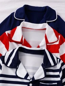 SHEIN Vintaside Kids 3件隨機發送 1件春夏秋冬新生兒居家連身睡衣，時尚可愛藍白條紋、紅白條紋、皇家藍長袖長連身衣，趣味卡通騎士刺繡圖案口袋刺繡，柔軟舒適面料，新生兒最佳禮物 - 彩色 - 查看 8