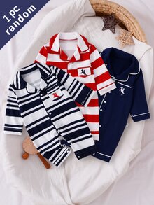 SHEIN Vintaside Kids 3件隨機發送 1件春夏秋冬新生兒居家連身睡衣，時尚可愛藍白條紋、紅白條紋、皇家藍長袖長連身衣，趣味卡通騎士刺繡圖案口袋刺繡，柔軟舒適面料，新生兒最佳禮物 - 彩色 - 查看 1