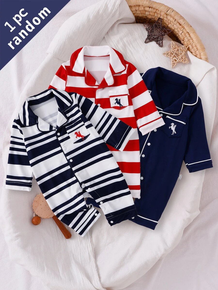 SHEIN Vintaside Kids 3件隨機發送 1件春夏秋冬新生兒居家連身睡衣,時尚可愛藍白條紋、紅白條紋、皇家藍長袖長連身衣,趣味卡通騎士刺繡圖案口袋刺繡,柔軟舒適面料,新生兒最佳禮物 - 彩色 - 查看 1