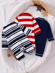 SHEIN Vintaside Kids 3件隨機發送 1件春夏秋冬新生兒居家連身睡衣，時尚可愛藍白條紋、紅白條紋、皇家藍長袖長連身衣，趣味卡通騎士刺繡圖案口袋刺繡，柔軟舒適面料，新生兒最佳禮物 - 彩色 - 查看 2