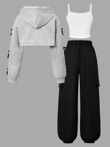SHEIN 青少年女孩3件套，美式街頭休閒風，灰色寬鬆短版連帽字母夾克、白色細肩帶背心、黑色工裝寬腿長褲 - 灰色 - 查看 3