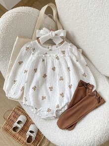 SHEIN Playful Pals 白色秋季可愛女嬰熊與波點印花泡泡長袖連身衣，附髮帶與棕色羅紋襪 - 棕色 - 查看 3