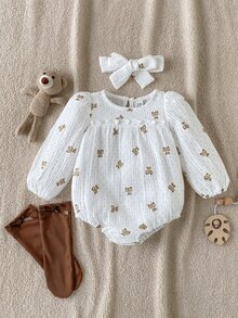 SHEIN Playful Pals 白色秋季可愛女嬰熊與波點印花泡泡長袖連身衣，附髮帶與棕色羅紋襪 - 棕色 - 查看 1