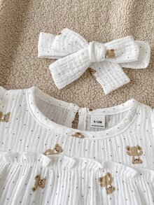 SHEIN Playful Pals 白色秋季可愛女嬰熊與波點印花泡泡長袖連身衣，附髮帶與棕色羅紋襪 - 棕色 - 查看 5